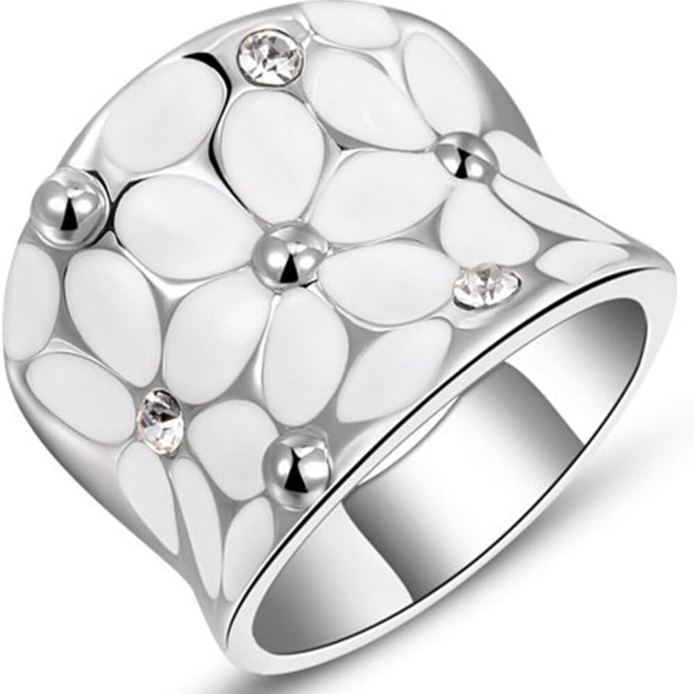 Womens Elegant Enamel Flower White Gold Band Bloom Petal Platinum Wedding Engage